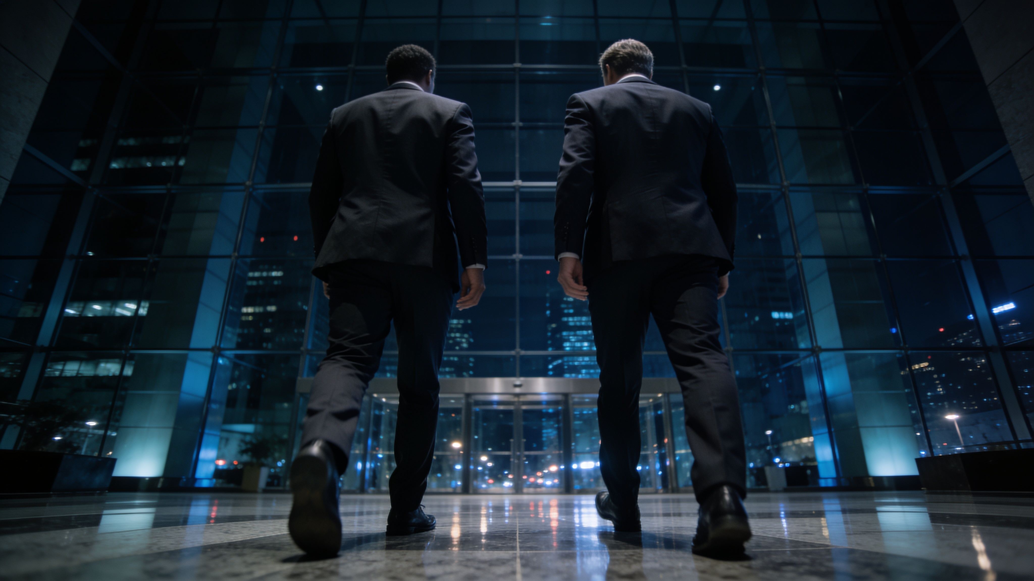 BTCS consultants walking through a corporate lobby at night