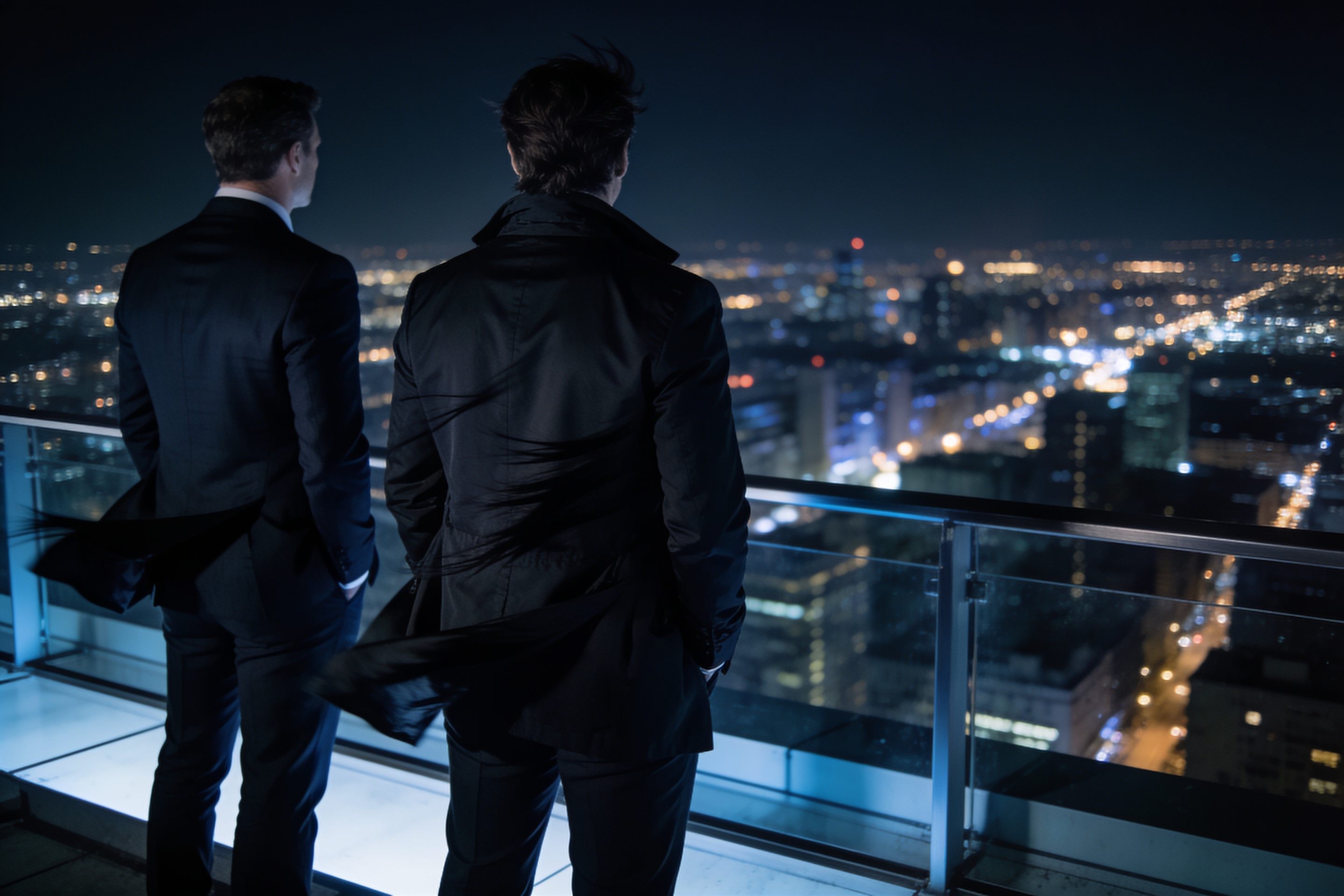 Executives overlooking the city from a rooftop at night