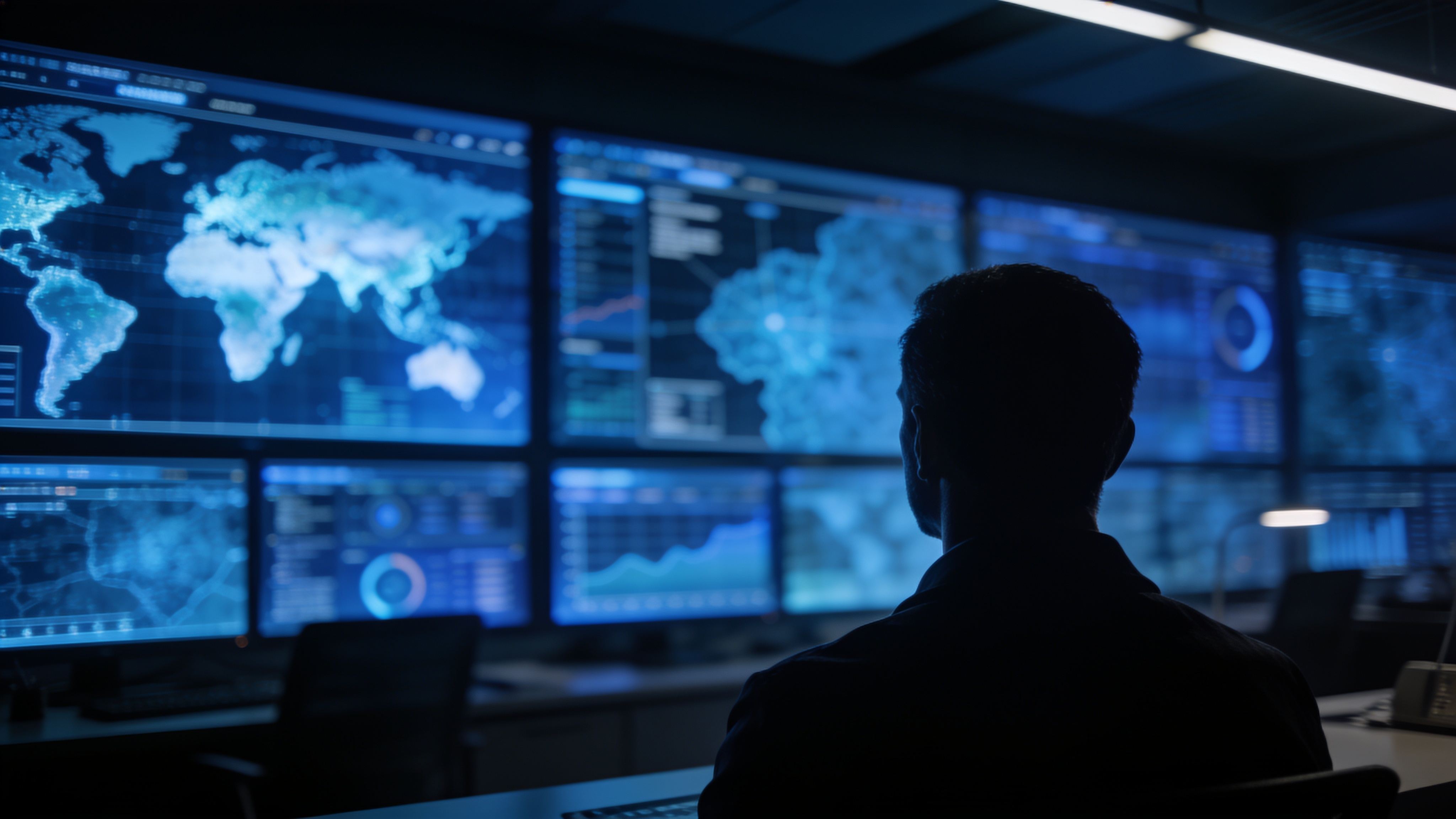 BTCS analyst working in a dim intelligence operations room