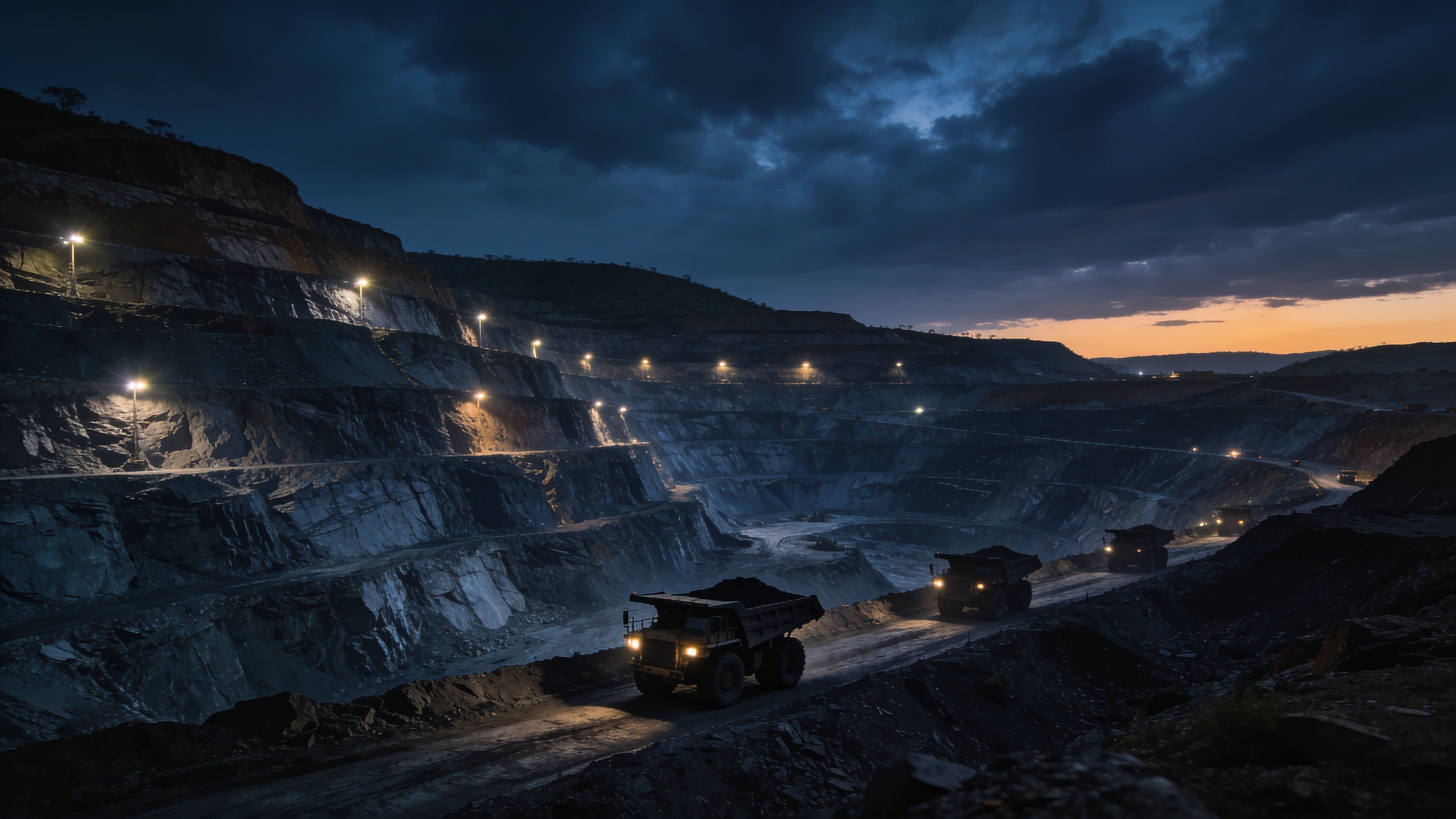 Open-pit mining operation in South Africa at dusk