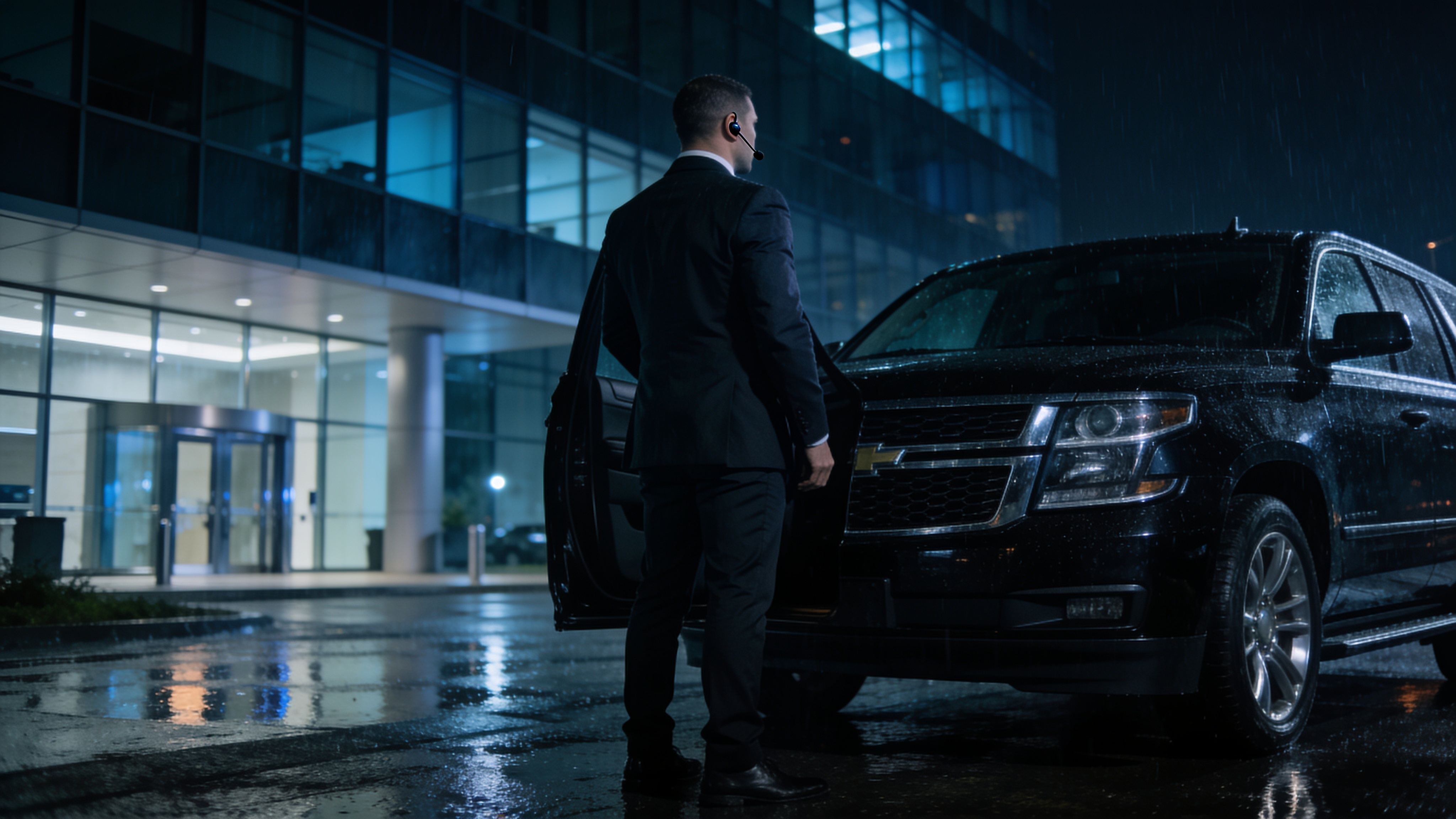 Close protection officer beside an executive vehicle at night