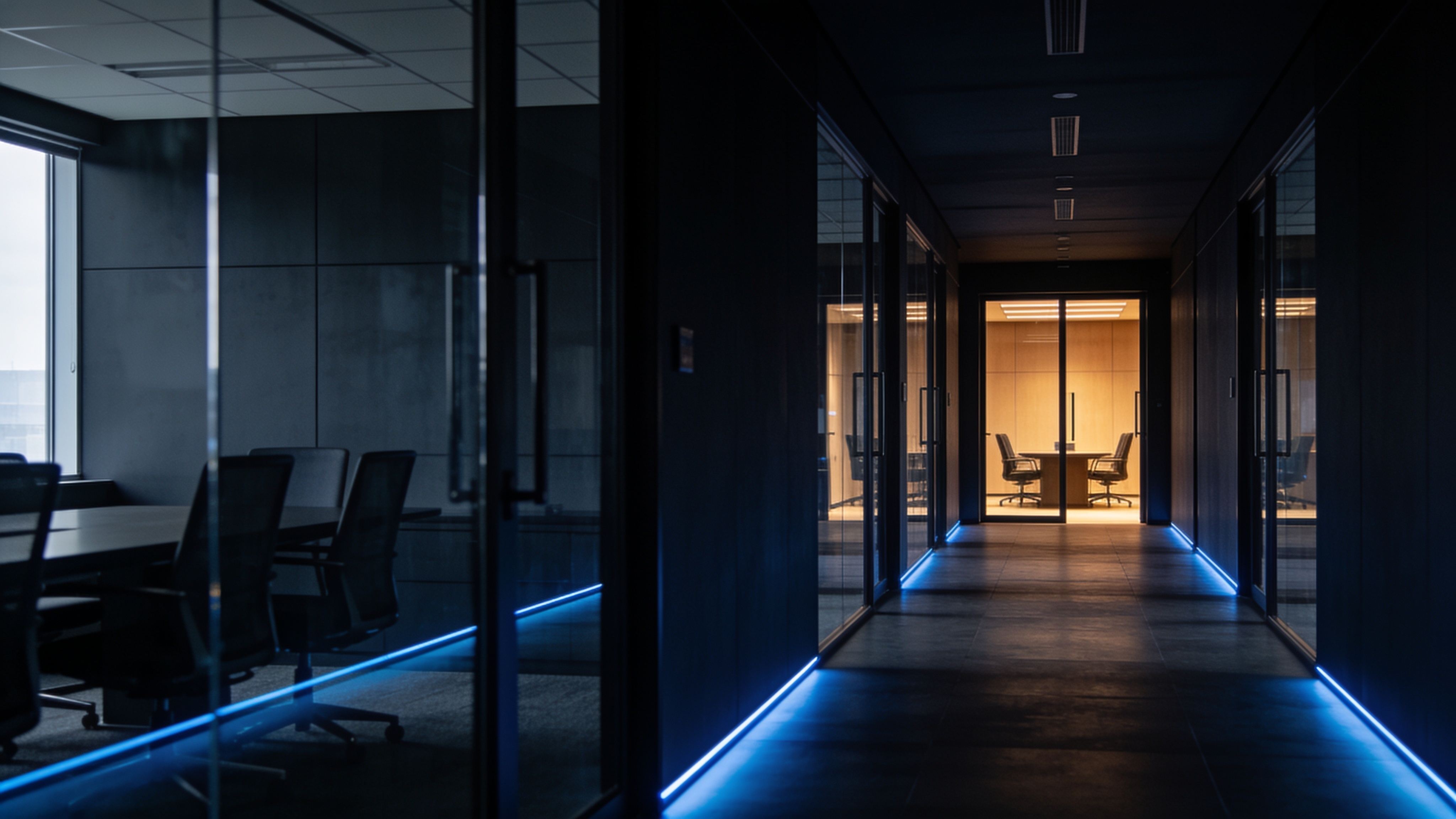 Dark corporate corridor of glass meeting rooms