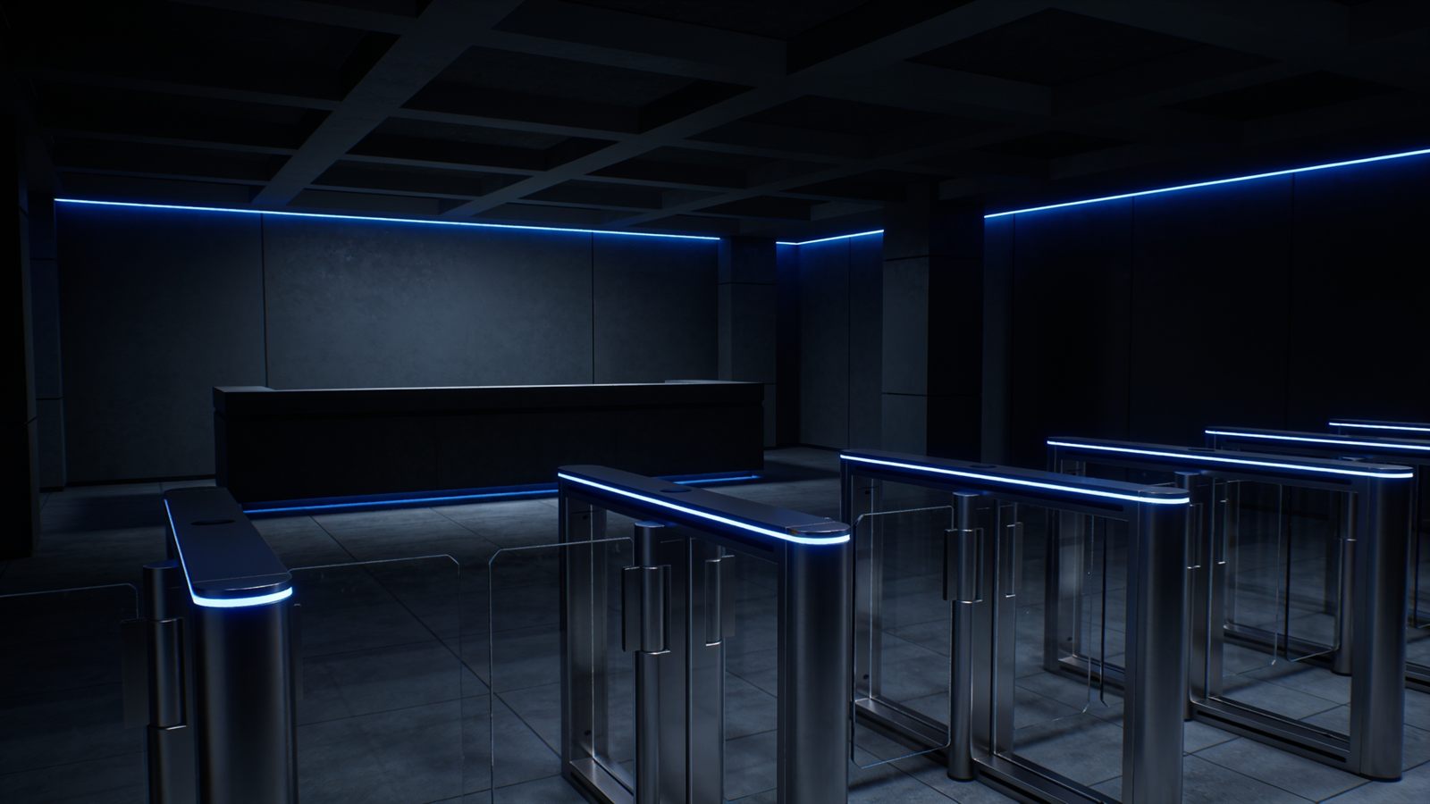 Corporate lobby with security turnstiles