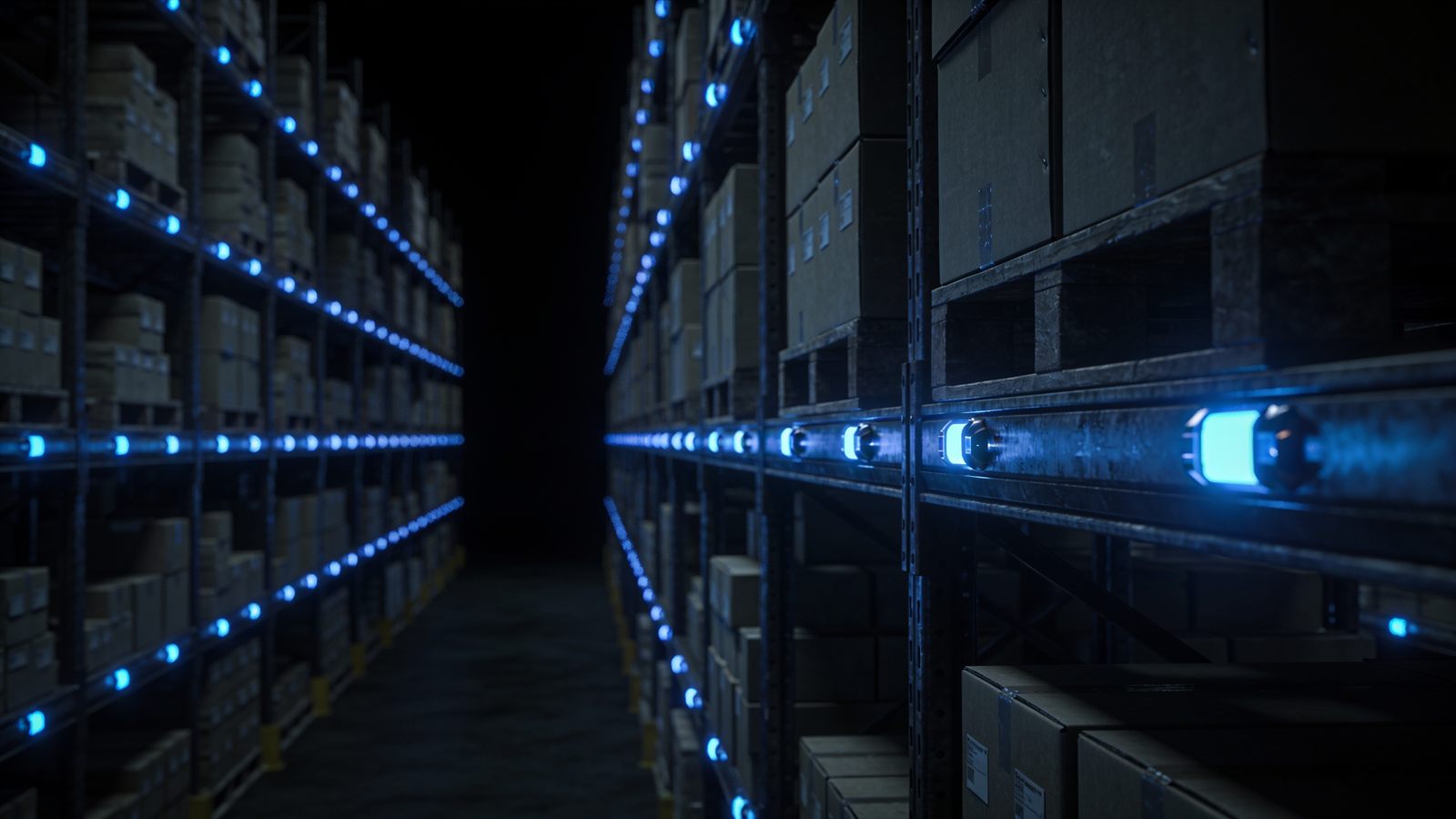 Secured warehouse aisle at night